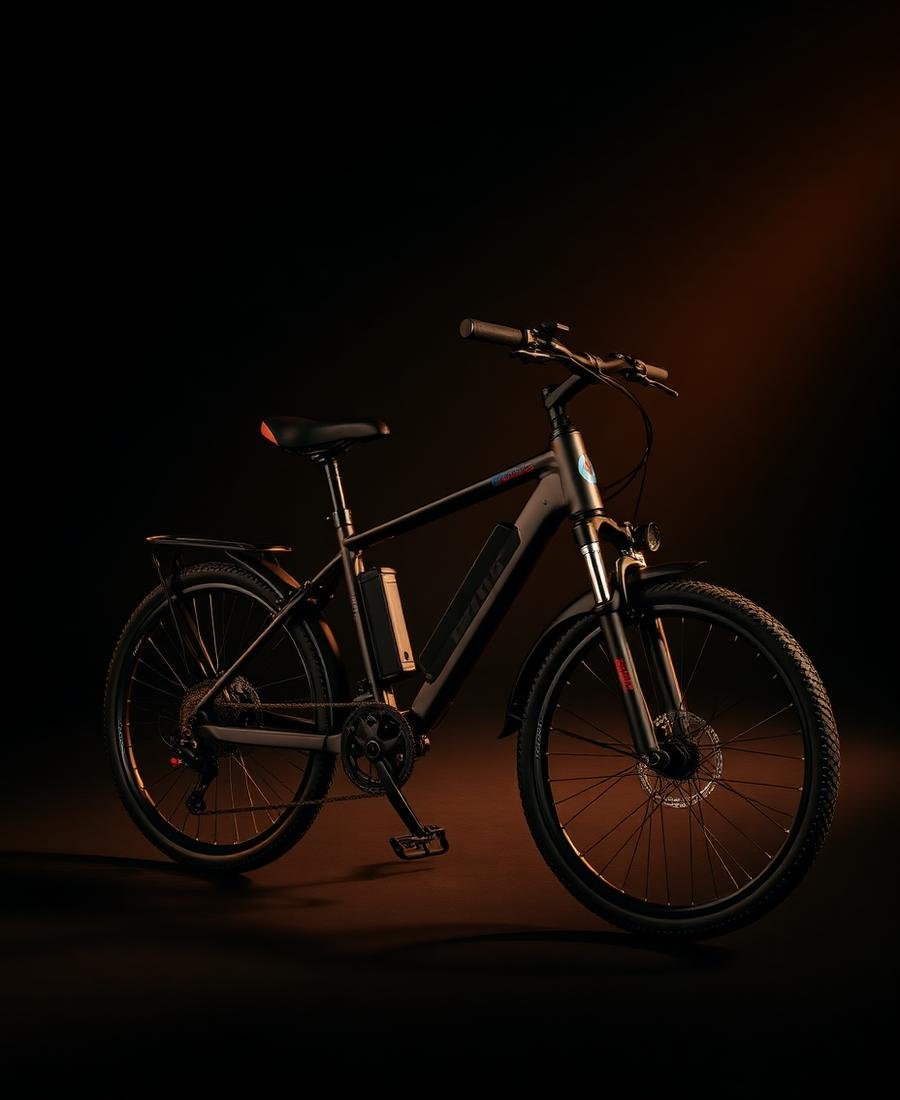 Bicicleta elétrica em estúdio com iluminação dourada