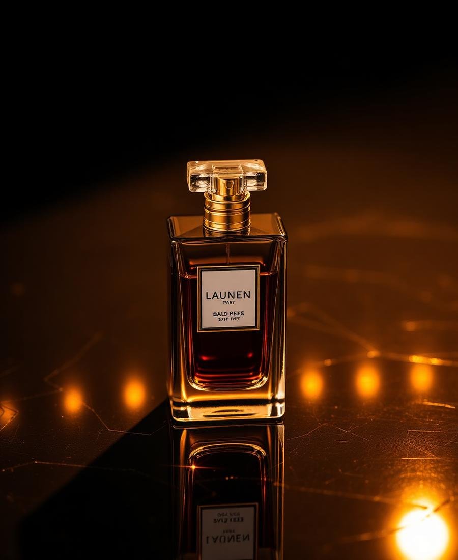 Frasco de perfume em vidro com reflexos dourados