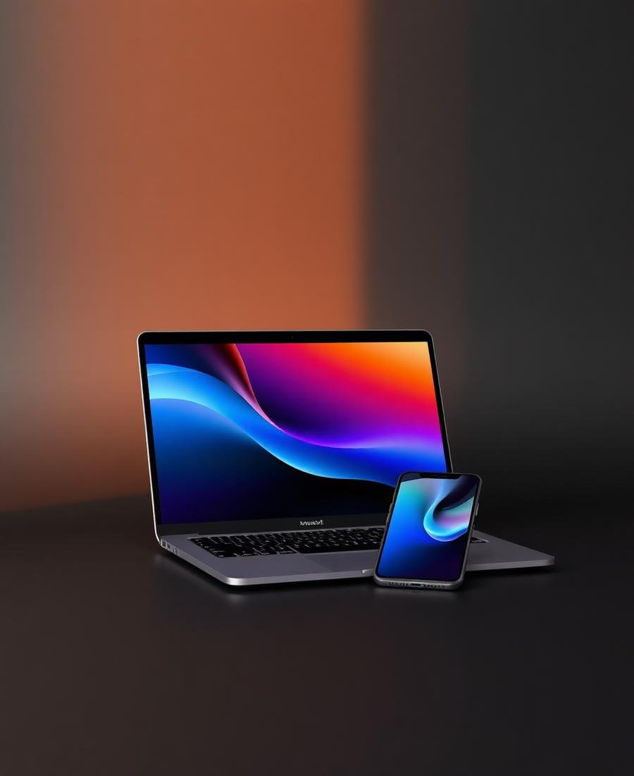Notebook e smartphone modernos sobre superfície escura